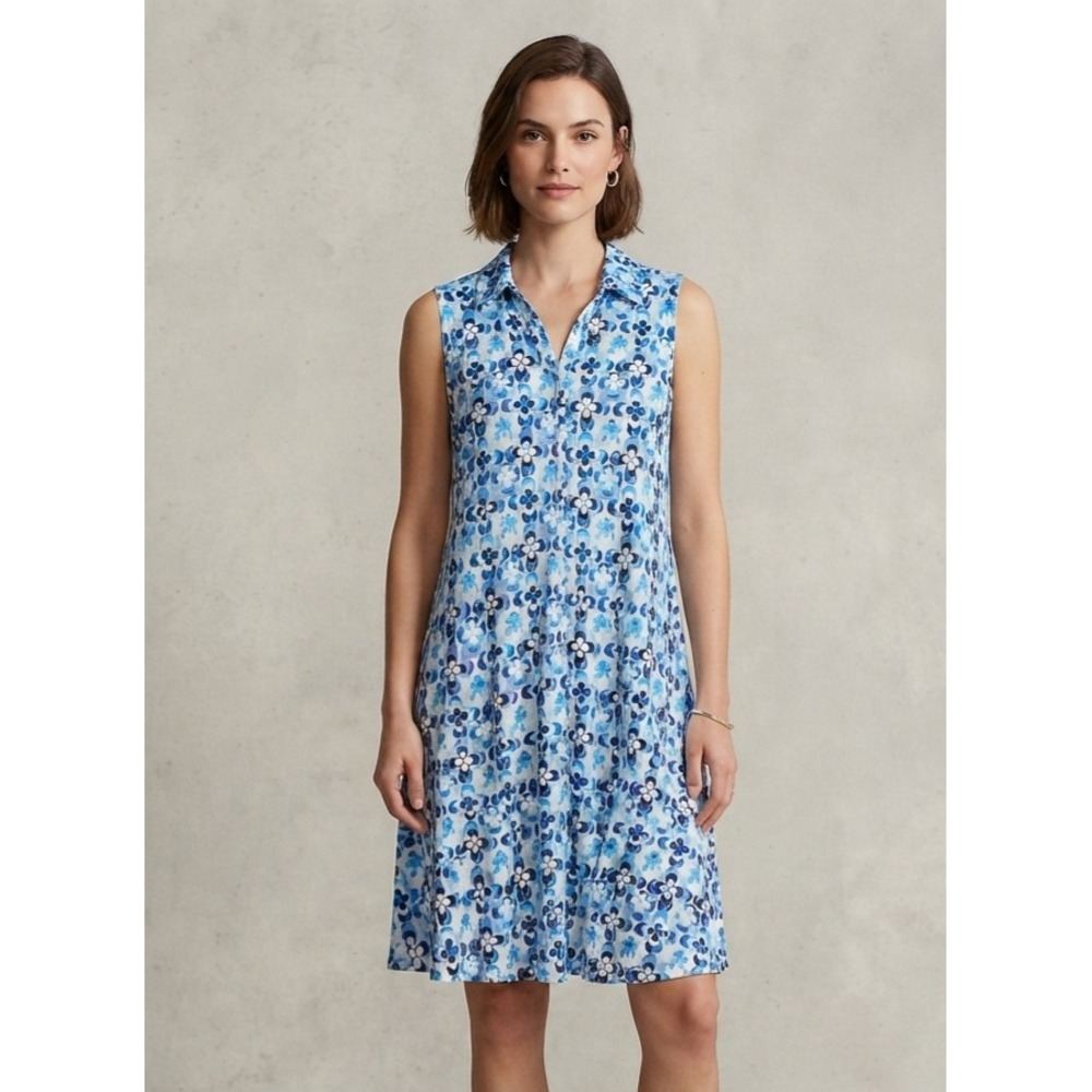 Avenue Blue Floral Mod Geometric Sleeveless Collared Shirt Dress 14/16